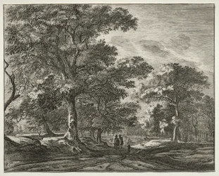 Six vues dans le bois de La Haye : Planche 1, Deux hommes précédés d
