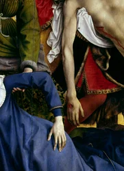 Descente de croix. Détail de la main de la Vierge évanouie et de la main du Christ