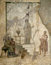 Cassandra prophétise la chute de Troie, son père Priam, assis à gauche, son frère Paris, tenant la pomme de la Discorde et un guerrier appuie sa lance (probablement Hector) - Fresque