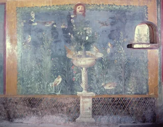 Fontaine, masque et oiseaux, Maison de Vénus en coquille, Pompéi, Italie (fresque)