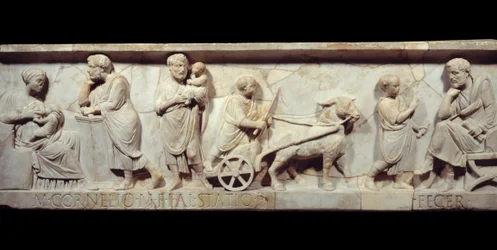 Fragment du sarcophage de Marcus Cornelius Statius, vers 150 apr. J.-C. - Rome antique : face d