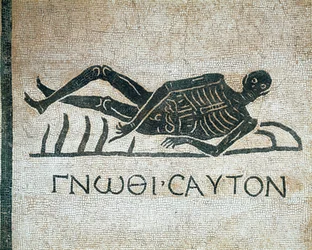 Gnothi seauton (Connais-toi toi-même) memento mori en mosaïque des fouilles du couvent de San Gregorio à Rome, avec la devise grecque 3ème siècle av. J.-C. Museo Nazionale Romano (ou delle Terme) Rome