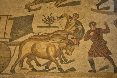 Salle de la Grande Chasse, mosaïque de sol représentant une scène de chasse, Villa Romana del Casale, Piazza Armerina, Sicile, Italie (photo)