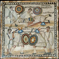 Mosaïque représentant le combat entre deux équites nommés Simmachius et Maternus, romain, 3ème siècle après J.-C.