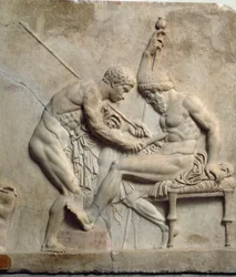 Art néo-attique : relief représentant Télèphe soigné par un chirurgien. Ier siècle av. J.-C. Provenant d