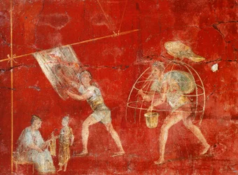 Fresque de pilier représentant la fabrication de la laine, de Pompéi, Fullonica de Veranio Ipseo