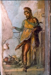 Représentation de la divinité grecque Priape, dieu de la fertilité, avec un énorme pénis constamment en érection. Détail d