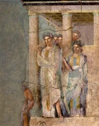 Art romain: «Iphigénie en Tauride». Fresque attribuée au Maître de Lucrezio Frontone. Ier siècle. Provenant de Pompéi. Dimensions: 118 x 81 cm. Naples, Museo Archeologico Nazionale.