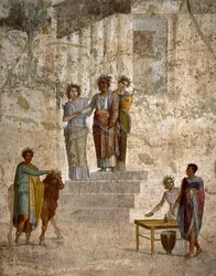 Art romain : Jason face à son oncle Pélias, fresque romaine du 3ème style pompéien du site de Pompéi. 40-60 après J.-C. Naples