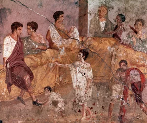 Art romain : « Scène de banquet en plein air » (Banquet en plein air), fresque romaine de la maison du Triclinium, Pompéi (Fresque de la Casa del Triclinio, Pompéi), 40-60 apr. J.-C.