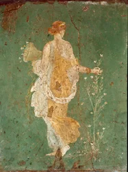Art romain : "Printemps" Flora cueillant des fleurs. Fresque de la villa de Varano à Stabies (Stabiae), près de Pompéi. 15 av. J.-C.-60 ap. J.-C. Museo Archeologico Nazionale, Naples