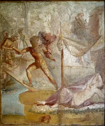 Art romain : « Thésée abandonne Ariane ». Fresque romaine provenant du site de Pompéi. Ier siècle apr. J.-C. Naples, Museo Archeologico Nazionale