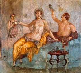 Art romain : scène de banquet, un jeune homme et une courtisane. Fresque romaine du 4e style pompéien provenant du site d