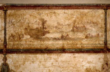 Art romain : « Scène maritime avec des birèmes et des trirèmes ». Fresque, vers 25-19 av. J.-C. Dimensions : 73 cm. Rome, Museo Nazionale Romano (ou musée des Thermes)