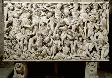 Art romain : sarcophage Ludovisi avec scène de bataille opposant les Romains aux barbares - 3ème siècle après J.-C., Dim. 153x273 cm - Rome, Museo Nazionale Romano - Ostiliano, fils de l