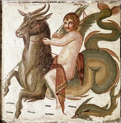 Art romain : « Cupidon chevauchant une créature marine ». Mosaïque provenant d