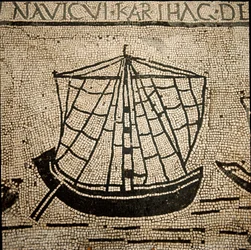 Art romain : navire de charge. Mosaïque du 3ème siècle apr. J.-C. Ostie, Piazzale delle Corporazioni. Italie - Art romain : un navire chargé de marchandises. Mosaïque au sol. 3ème siècle av. J.-C. Piazzale delle Corporazioni, Ostie, Italie