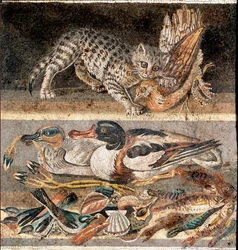 Art romain : chat mangeant une perdrix et canards sauvages, première moitié du Ier siècle av. J.-C., Rome, Museo Nazionale Romano