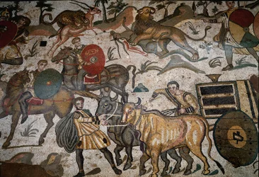 Art romain : (détail) de la mosaïque « La grande partie de chasse » Chars tirés par des bœufs. 315-350 après J.-C. Piazza Armerina, Villa Romana del Casale