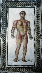 Art romain : gladiateur. Mosaïque de pavement des thermes de Caracalla. 212 apr. J.-C. Rome, Museo Nazionale Romano (ou delle Terme).