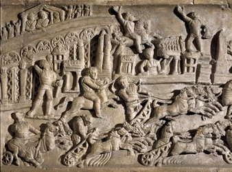 Art romain : bas-relief représentant des courses de chars au Circus Maximus à Rome. 2ème siècle après J.-C. Rome, Museo della Civilta Romana