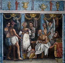 Art romain : préparatifs pour un drame satirique. Mosaïque. 70 apr. J.-C. Provenant de Pompéi, Casa del Poeta Tragico. Dimensions : 58x59 cm. Naples, Museo Archeologico Nazionale