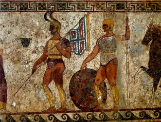 Guerriers samnites. Peinture funéraire du IVe siècle av. J.-C., provenant du site de Paestum, en Italie. Dimensions : 112x199 cm. Inv. 9363. Museo nazionale archeologico, Naples (Musée archéologique de Naples).