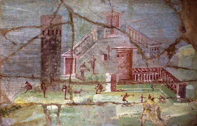 Fresque romaine antique avec paysage de Pompéi
