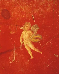 Chérubin sur fond rouge pompéien, fresque en quatrième style pompéien, de la Maison de Pinario Ceriale, Pompéi, Campanie, Civilisation romaine