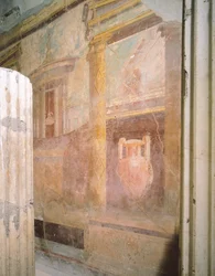 Détail des fresques dans la salle du triclinium, Maison du Labyrinthe, Pompéi, Campanie, Civilisation romaine