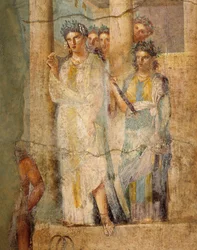 Fresque représentant Iphigénie en Tauride, Détail des servantes, de la Maison de L. Caecilius Giocondus à Pompéi, Italie