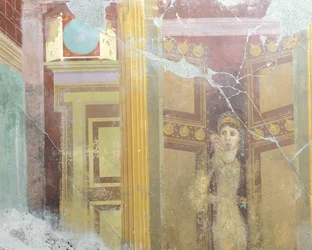 Fresque représentant une décoration architecturale factice et une figure de femme, de la Maison de Fabius Rufus, Pompéi, Campanie, Civilisation romaine