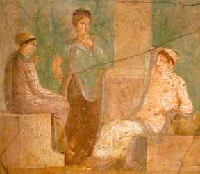 Fresque représentant un groupe de dames romaines en conversation, de la Maison de la Chasse Ancienne, à Pompéi, Campanie, Civilisation Romaine