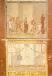 Fresque représentant la rencontre de Priam, Ménélas et Hélène et Arisace poursuivant Cassandre, de la Maison de Ménandre, Pompéi, Campanie, Civilisation romaine