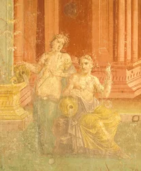 Fresque en quatrième style pompéien sur fond rouge, Maison de Pinario Ceriale, Pompéi, Campanie, Civilisation romaine