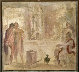 Italie, Campanie, Pompéi, Maison des Cupidons Dorés, Oreste et Pylade devant Iphigénie, fresque