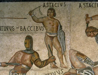Mosaïque montrant une scène de gladiateurs combattants (détail)