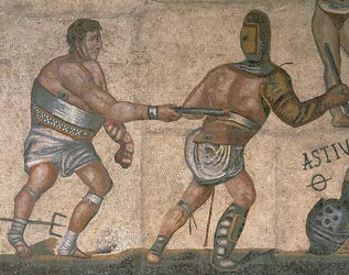 Mosaïque montrant une scène de gladiateurs combattants (détail)
