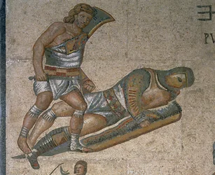 Mosaïque montrant une scène de gladiateurs combattants (détail)