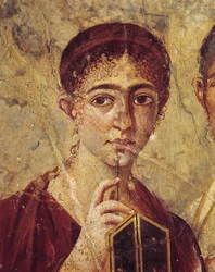 Portrait du boulanger Terentius Neo et de sa femme en tenue formelle, détail de la femme avec son stylet et son diptyque ouvert, Italie, Campanie, Pompéi, 55-79 après J.-C., peinture sur plâtre