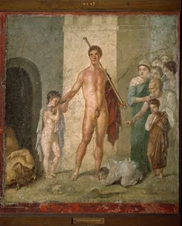 Représentation de Thésée, le héros de la mythologie grecque, libérant les sept jeunes hommes du labyrinthe après le triomphe du Minotaure. Fresque de la Villa de Gavius Rufus à Pompéi. Dim. 88x97 cm Musée archéologique de Naples - Art romain : représentati