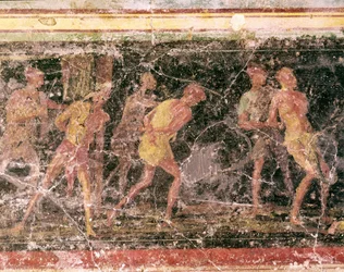 Art romain : esclaves, détail de la fresque de la frise de la salle C, Villa Farnesina, Rome, Museo Nazionale Romano