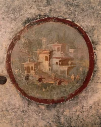 Ronde avec maisons et bâtiments, (détail) de fresque de la Maison du Centenaire, Pompéi, Campanie, Civilisation romaine