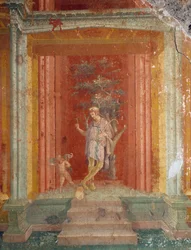 Scène de théâtre, fresque (IVe style) sur fond rouge de la Maison de Pinarius Cerialis, Pompéi (Liste du patrimoine mondial de l