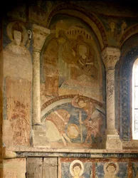 Art roman : peinture représentant le martyre de Saint Laurent (1103-1130). Fresque. Chapelle du Château des Moines, Berzé-la-Ville, France