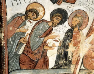 Art roman : les apôtres Philippe, Barthélemy et André Fresque du Vœu de la Cène, Église de Saint-Isidore XIIe siècle Real Colegiata de San Isidoro, León