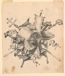 Dessin, trophée avec objets ecclésiastiques, 1830-1850