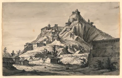 Décor de scène, montagne avec ville sur les pentes