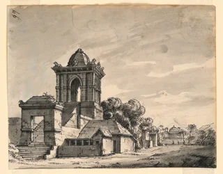 Décor de scène, pavillon et petits bâtiments