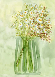 Vase vert, fleurs blanches